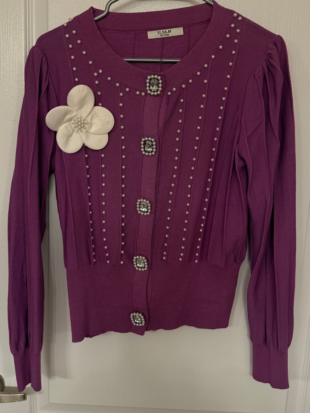 ELSA Plum Pearl-Embellished Knit Cardigan with Removable Flower
